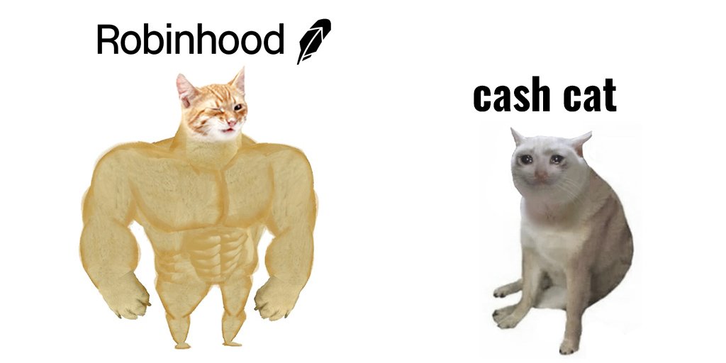 Vlad Tenev's original image: a muscular cat labelled Robinhood beside a crying cat labelled cash cat
